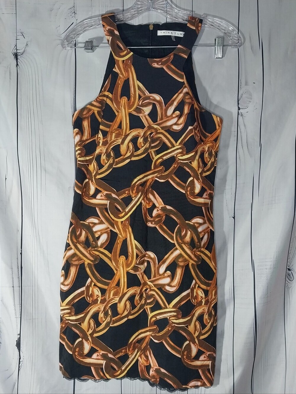 Trina Turk Black Sheath Gold Chain-Print Sleeveless Bodycon Halter Style Dress